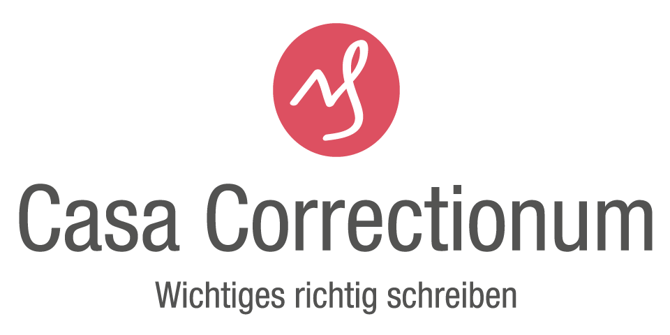 Weißes Auslassungszeichen auf einem roten Punkt. Darunter der Schriftzug: Casa Correctionum. Wichtiges richtig schreiben.